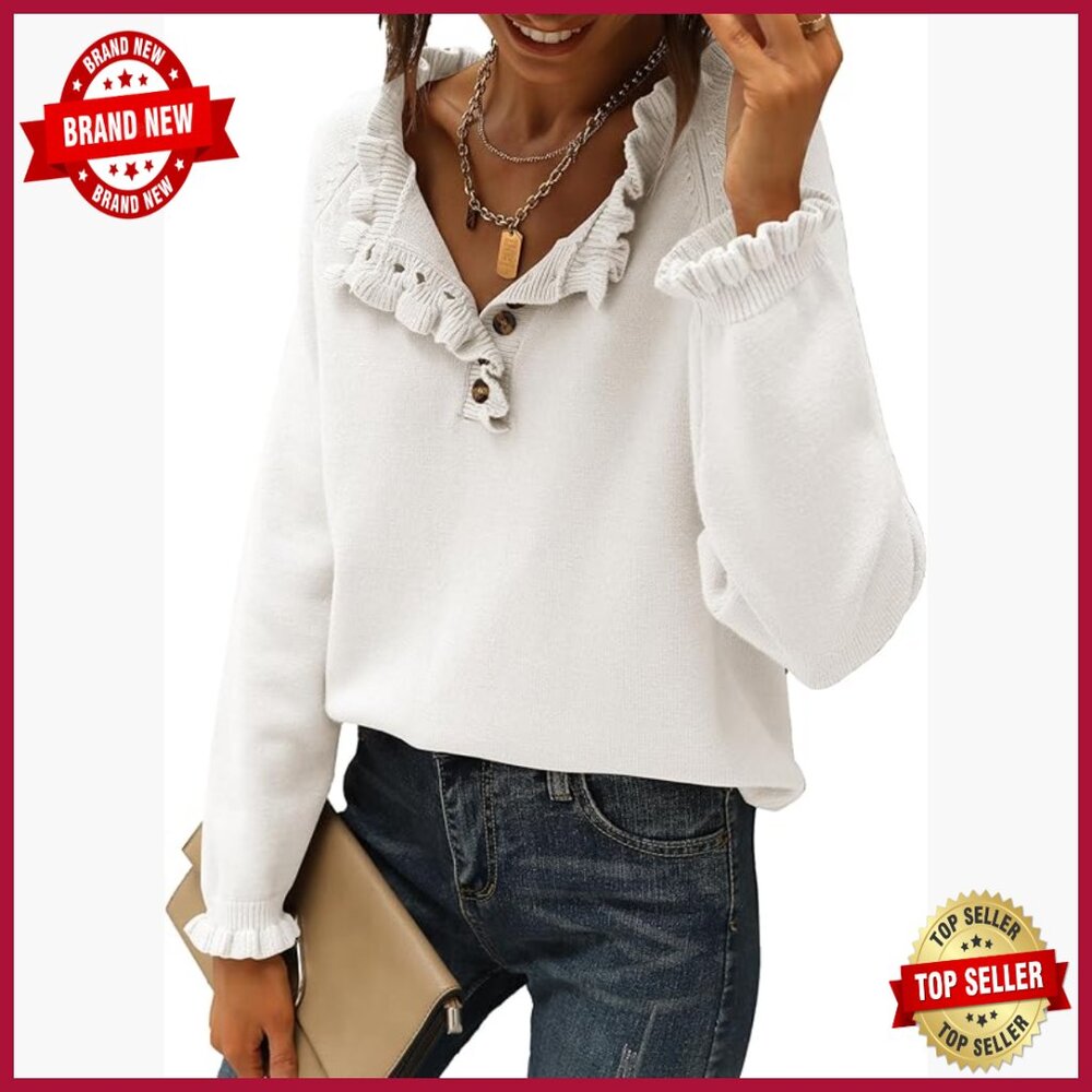 Long Sleeve Button Down Ruffle Crew Neck Knitted Pullover Sweater